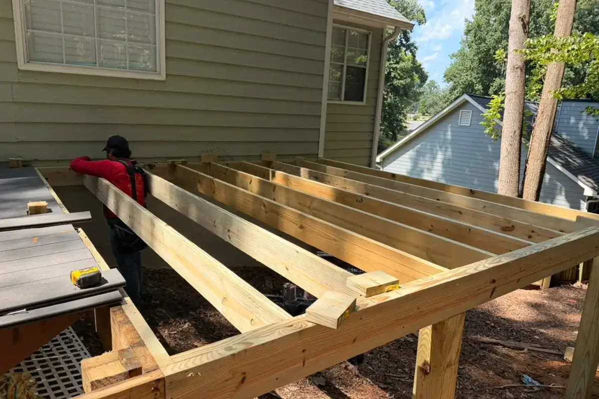New pressure-treated deck framing being installed next to an existing deck
