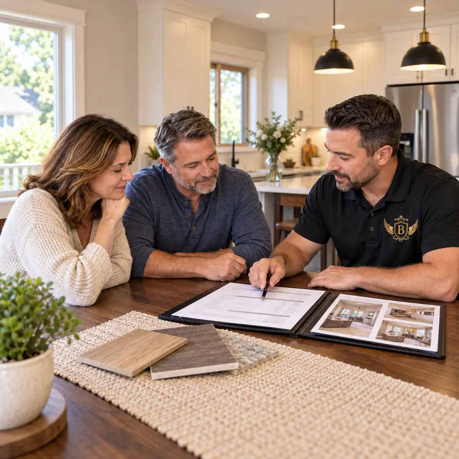 Brothers Remodeling contractor reviewing a detailed written estimate and material samples with a homeowner couple at their kitchen table