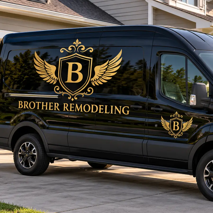 Black Brother Remodeling work van with the gold crest logo parked in a home driveway