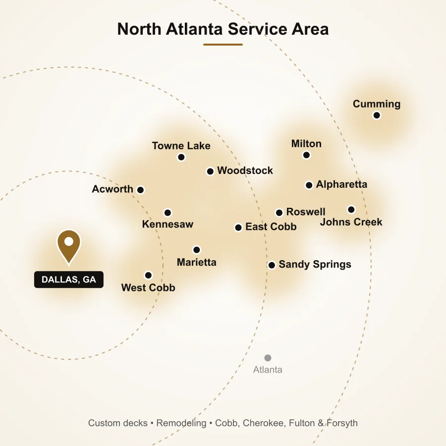Map of the Brothers Remodeling service area: East Cobb, Marietta, Roswell, Alpharetta, Milton, Sandy Springs, Woodstock, Johns Creek, Kennesaw, Acworth and Cumming, GA