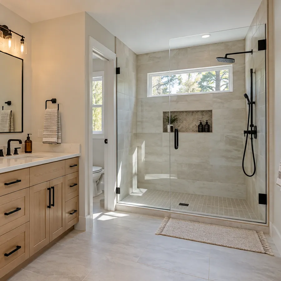 Remodeled bathroom with a wood double vanity and a glass walk-in shower with a tiled niche