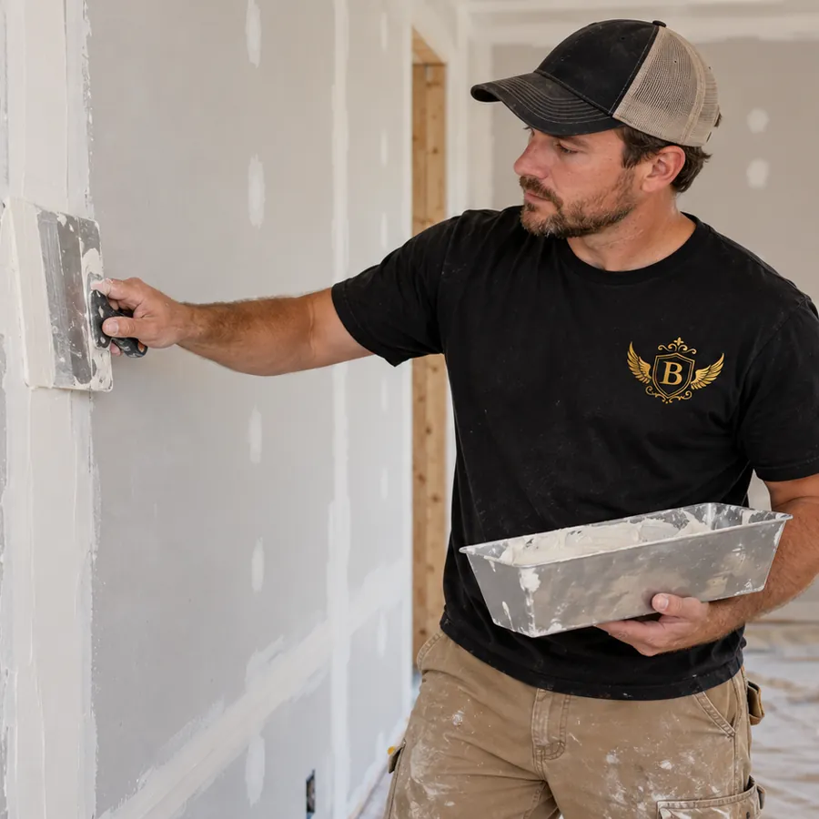 Brothers Remodeling drywall finisher applying joint compound to a wall seam with a trowel